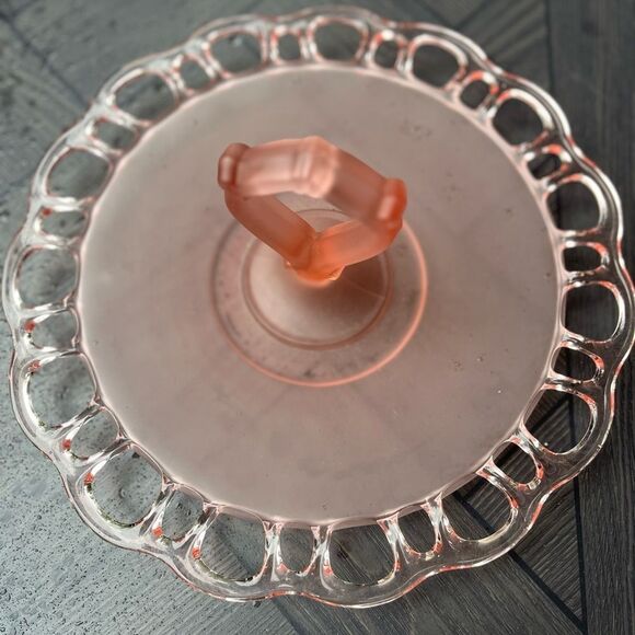 Vintage gorgeous pink perforated around  platter w/central handle, unique, 12in - Picture 1 of 4